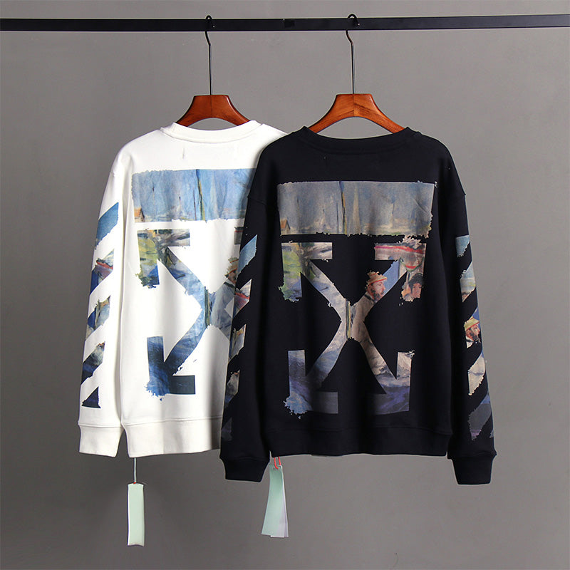 OFF WHITE Classic Monet Oil Painting Arrow Round Neck Pullover Sweatshirts