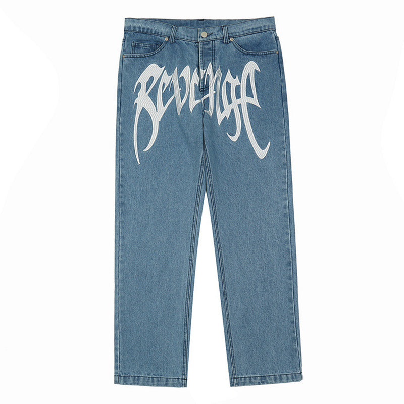 Revenge Embroidered Logo Trousers Mid Rise Jeans